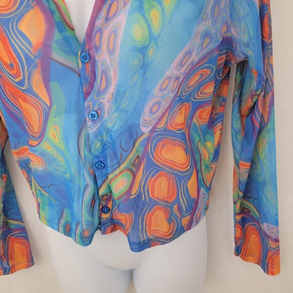 POSTER GIRL Womens 2X Mesh Crop Top Blue Orange Tie Dye Button Up Long Sleeve - Picture 3 of 11